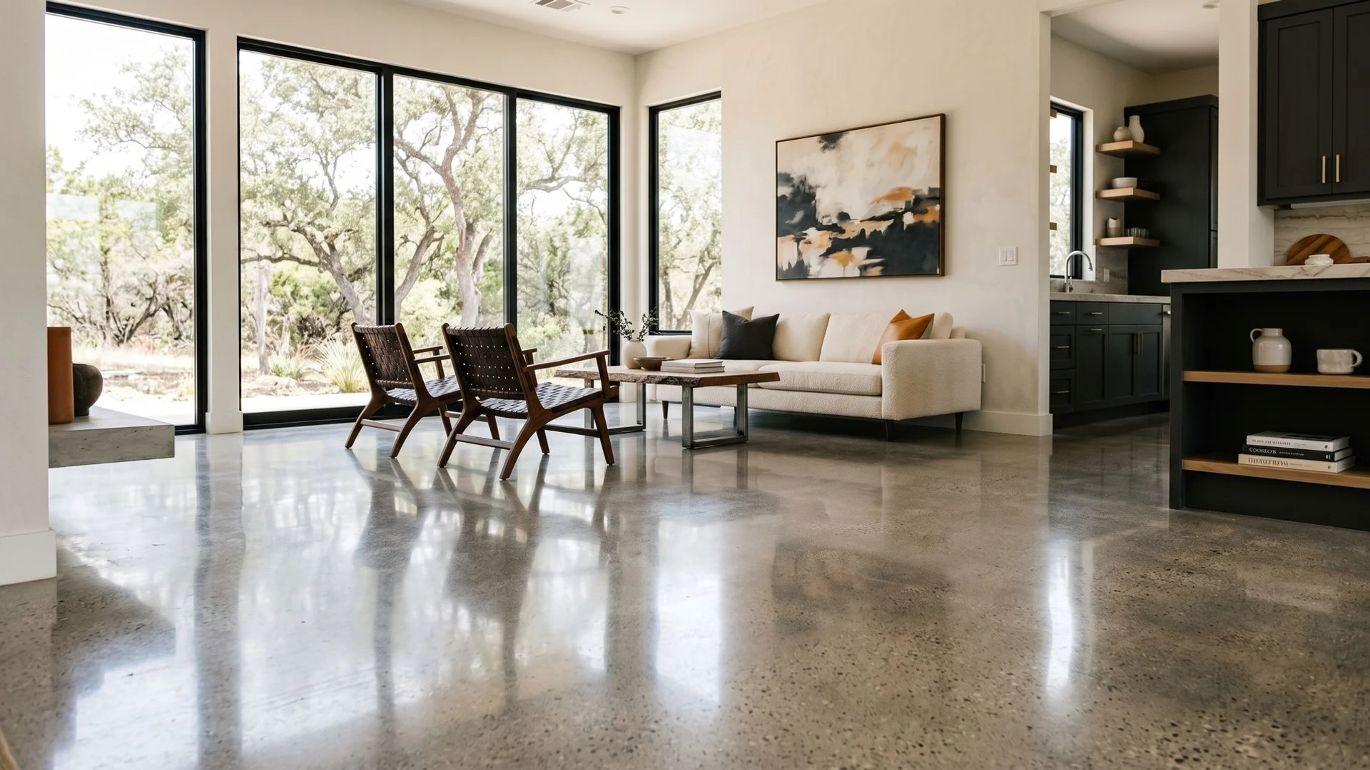 High-gloss polished concrete floor in an upscale West Lake Hills home