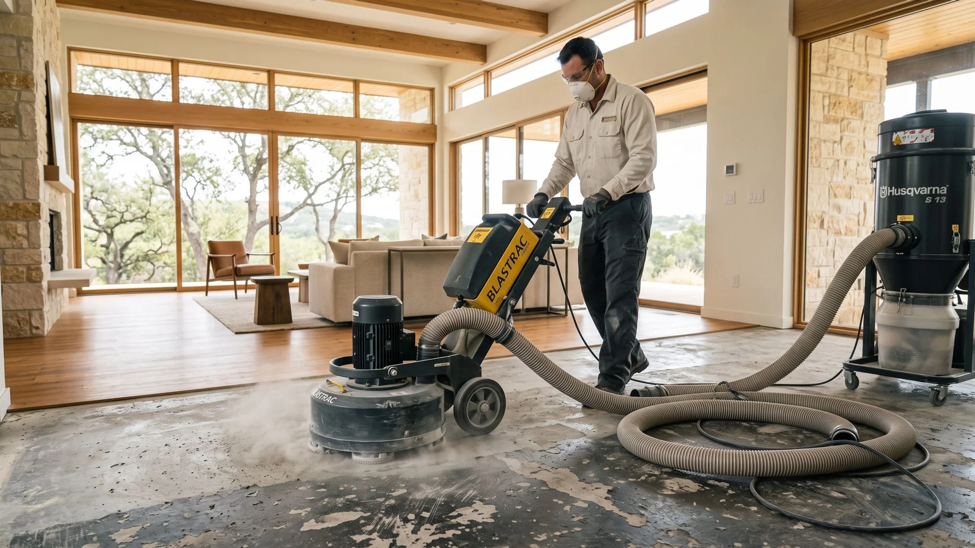 Industrial diamond grinder stripping old coating with HEPA containment