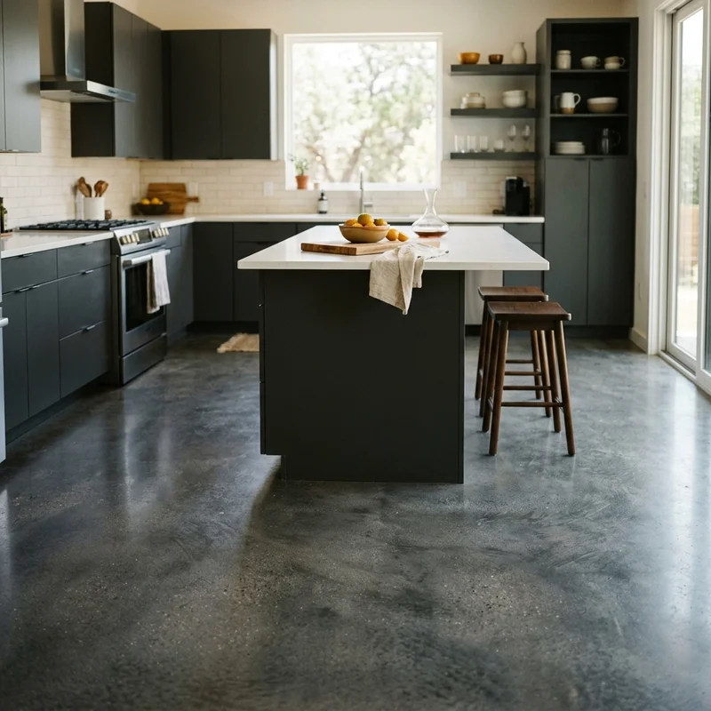 Matte satin sheen polished floor in a modern kitchen