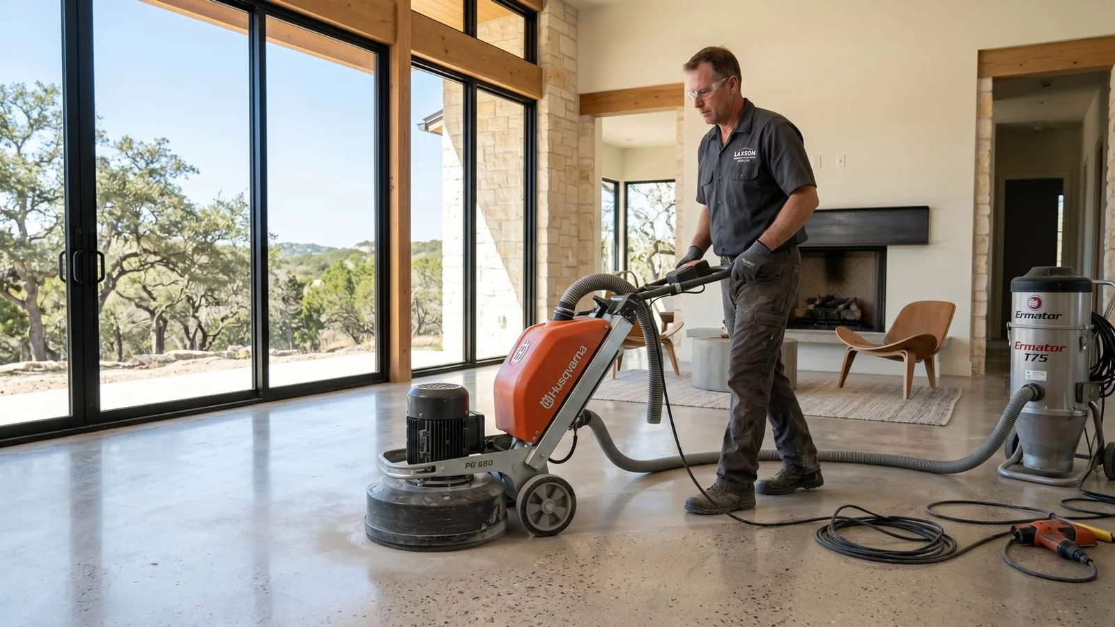 Owner Jason Laxson working on a polished concrete floor