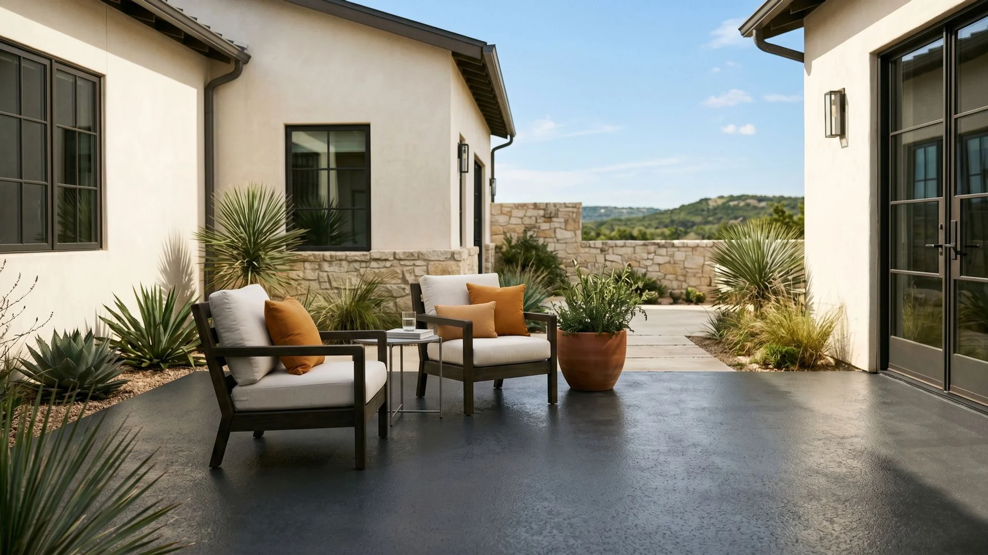 Polyaspartic-coated outdoor patio holding rich color under Texas sun