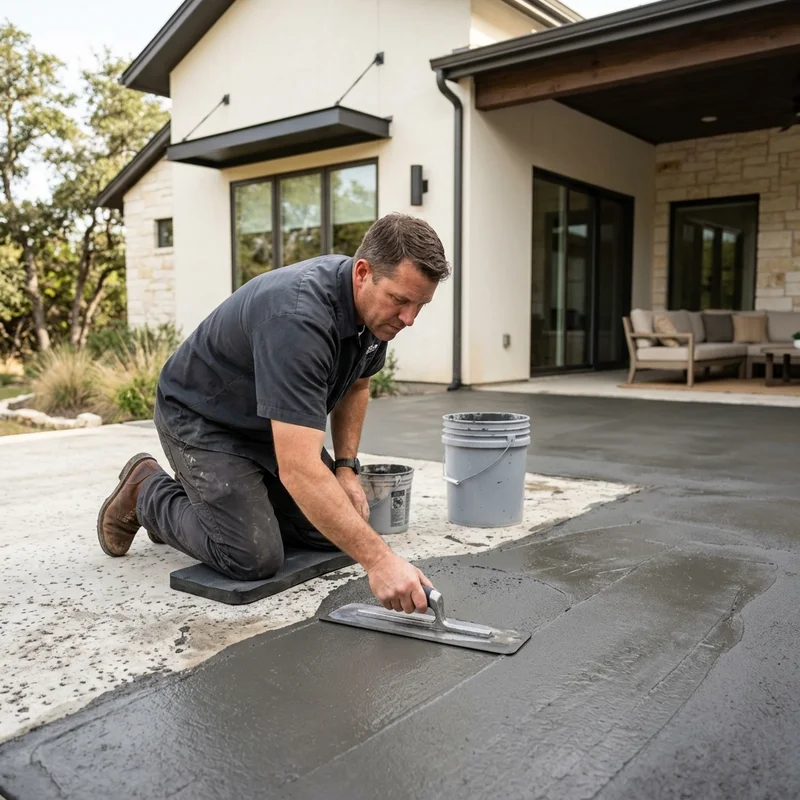 Polymer-modified overlay being troweled over prepped slab