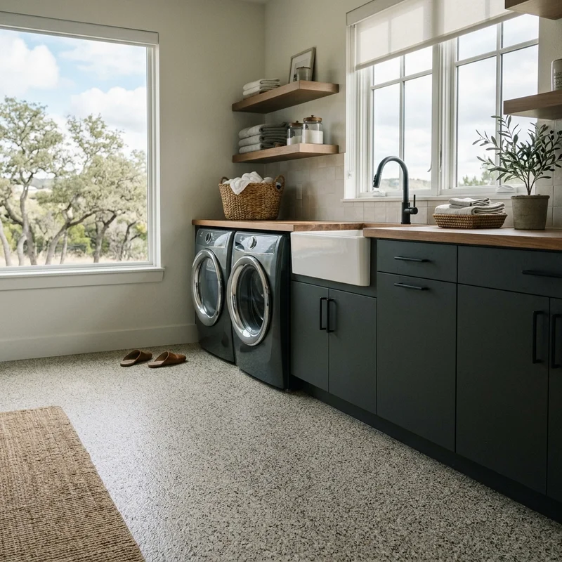Quartz-broadcast epoxy in a laundry room