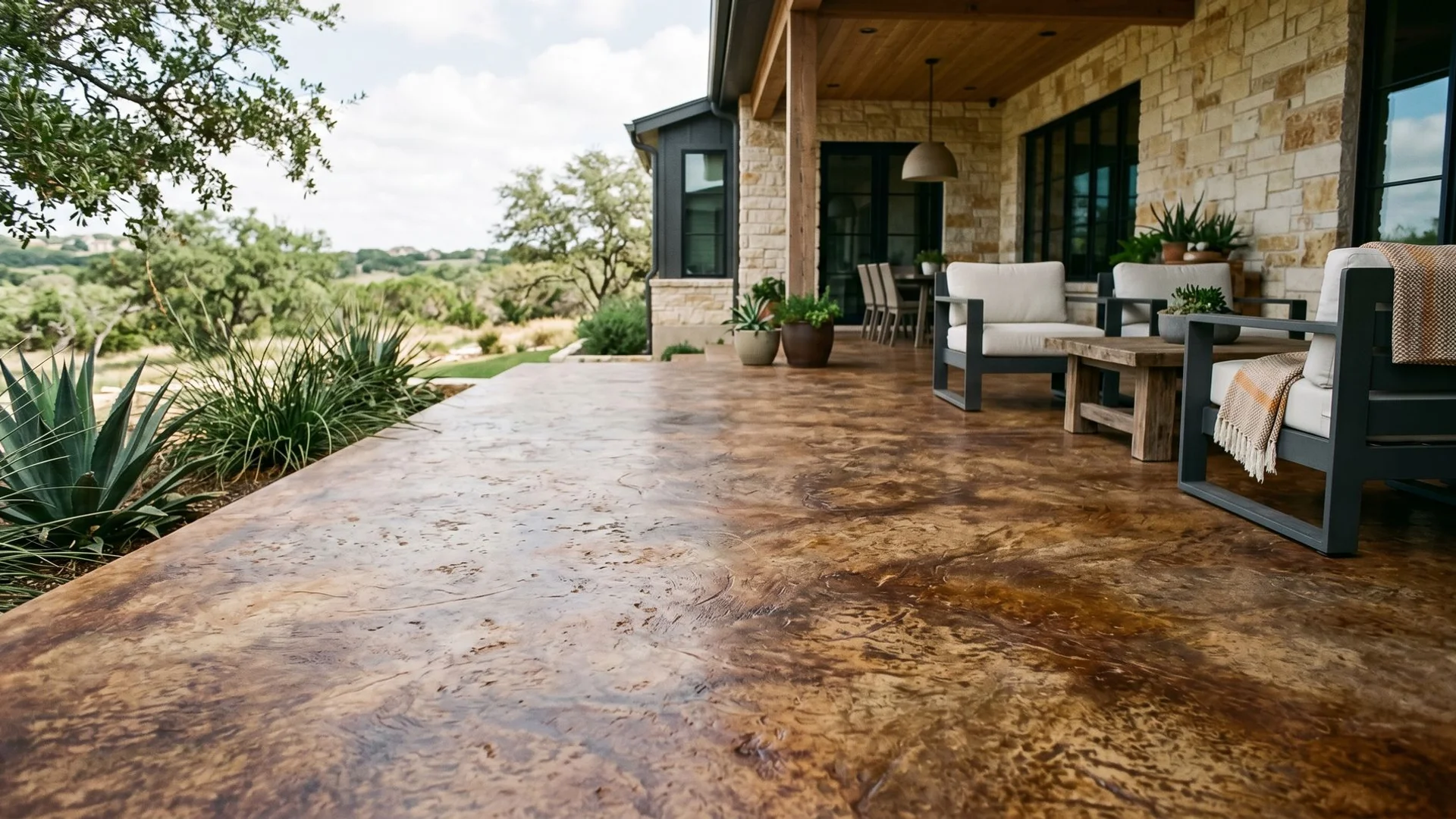 Rich mottled acid-stained patio in a Hill Country home