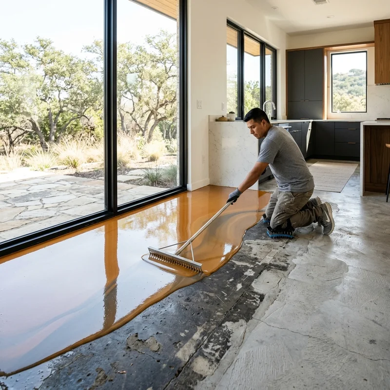 Self-leveling epoxy flowing over an uneven slab
