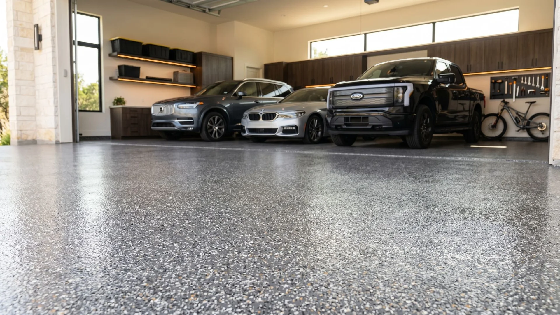 Showroom-quality flake epoxy garage floor coating in an upscale Austin home