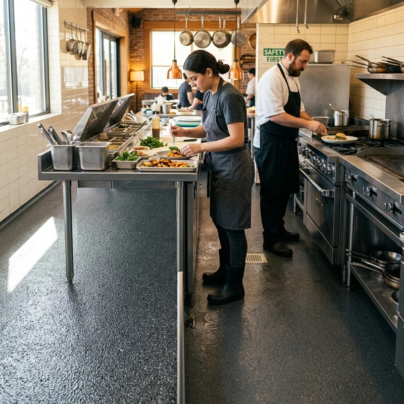 Slip-resistant epoxy in a restaurant kitchen