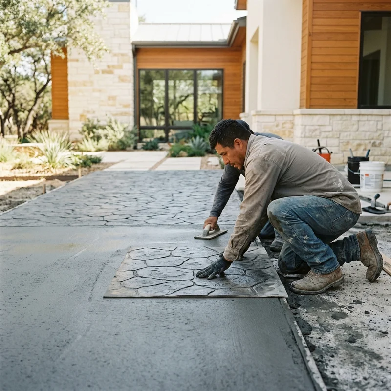 Stamp mats applied to fresh overlay during install