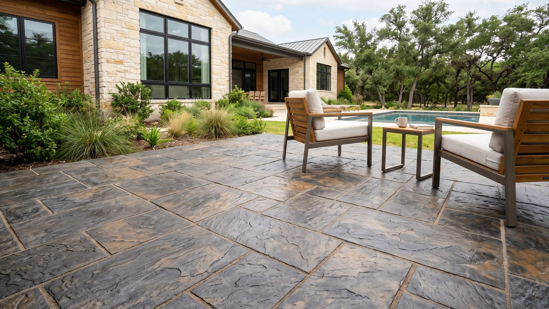 Stamped overlay patio with ashlar slate pattern