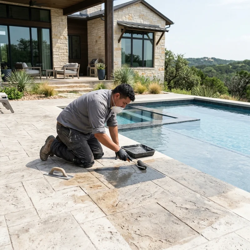 Stamped travertine overlay deck with heat-reflective finish