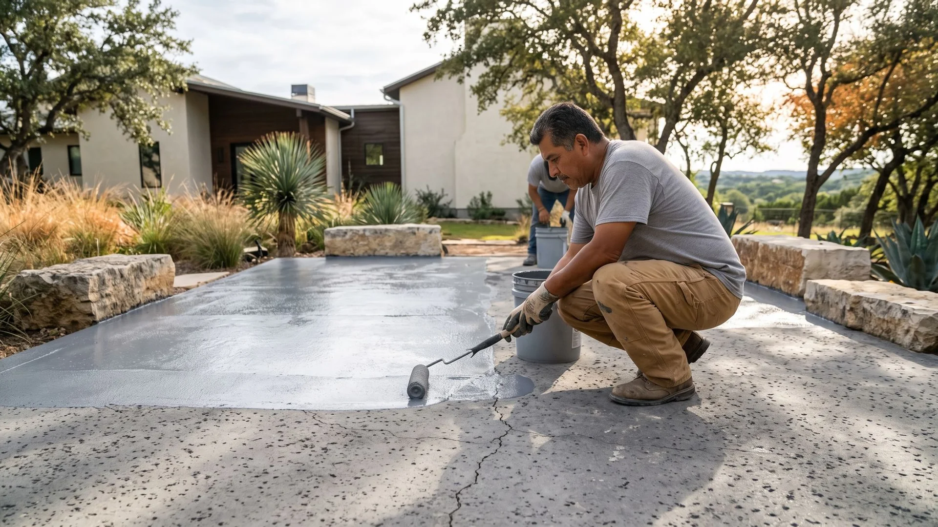 Surface crack repair on an Austin patio before overlay